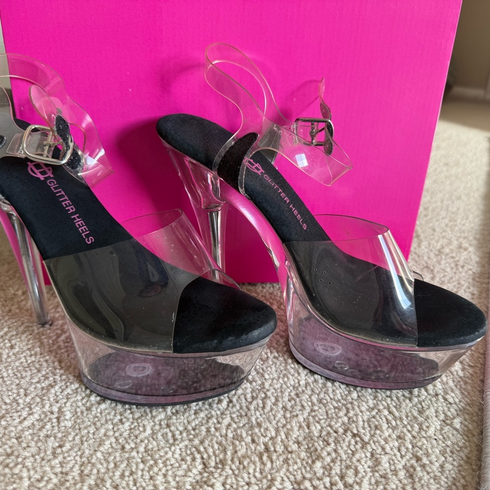 Glitter Clear Heels with Black Glitter Accents